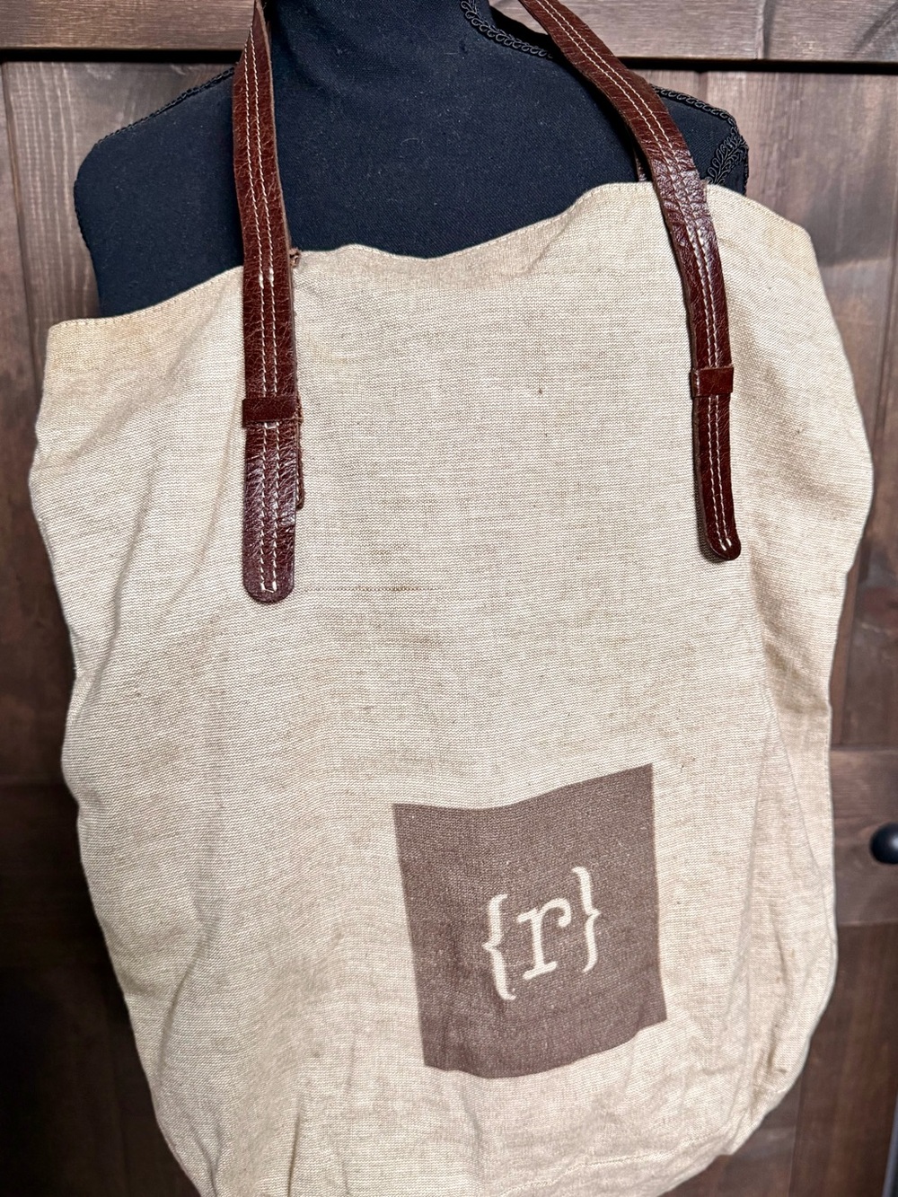 Mark & Graham “r” Canvas Tote Bag with Brown Leather Straps